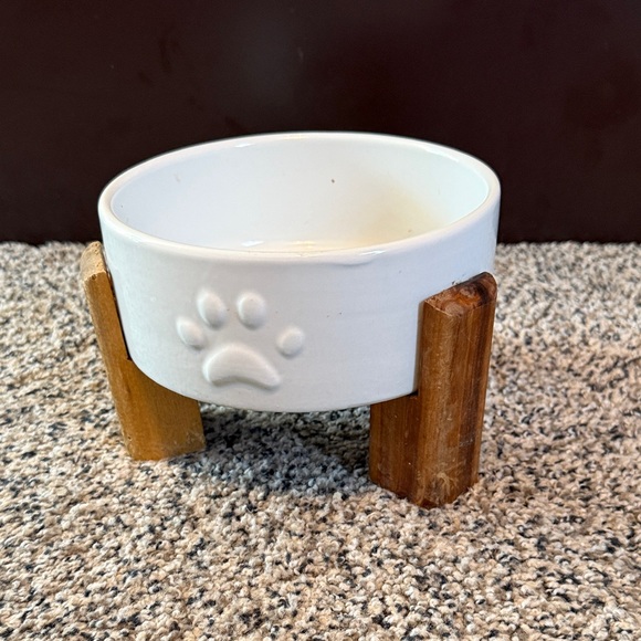 Other - White Ceramic Pet Bowl with Wooden Stand